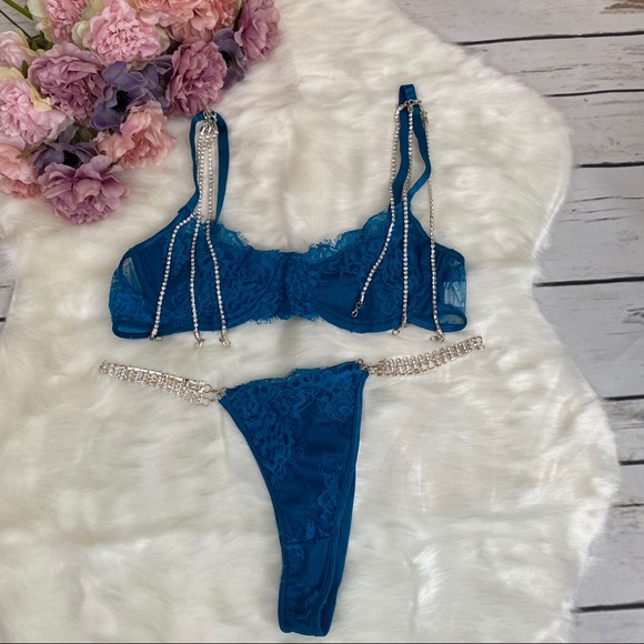 3 Pcs Blue Crystal Bra Panties Garter Lingerie Set - Picture 8 of 12